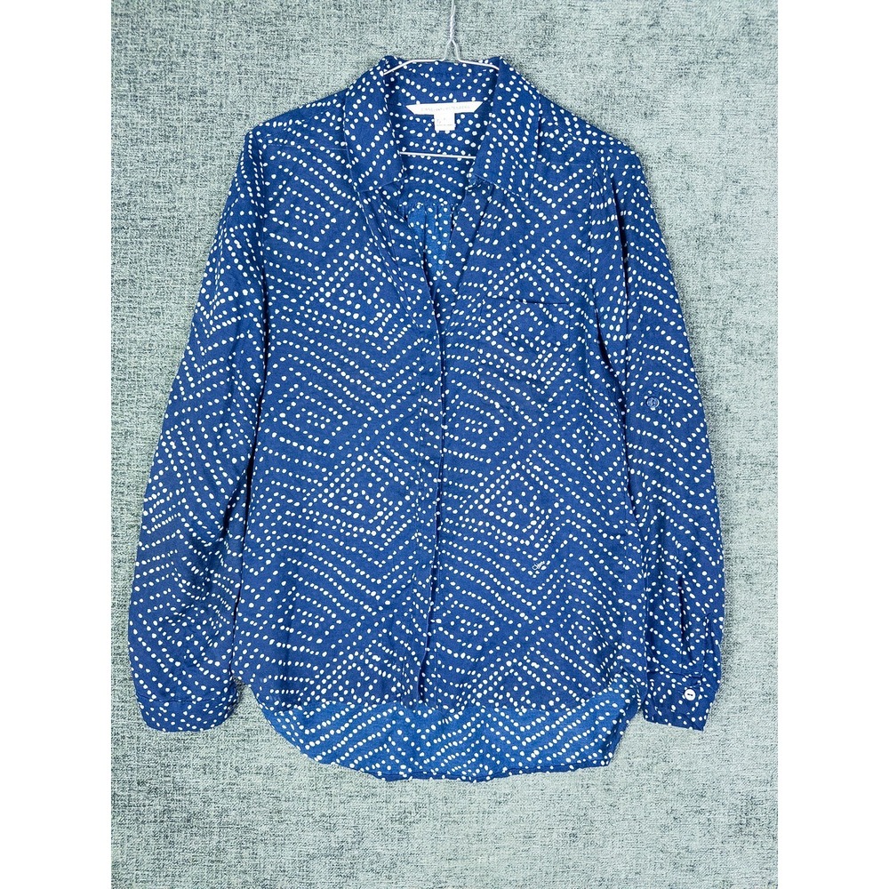 Diane von Furstenberg DVF Button Up Shirt‎ Womens 2 Navy Blue Polka Dot Silk
